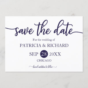 Invitación Boda Azul Marino Blanco Caligrafía Save The Date