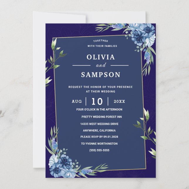 Invitación Boda Azul Marino Borgoña Oro Rosa (Anverso)
