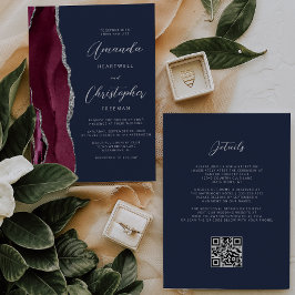 Invitación Boda Azul Marino Código QR Ágata Plateada Borgoña
