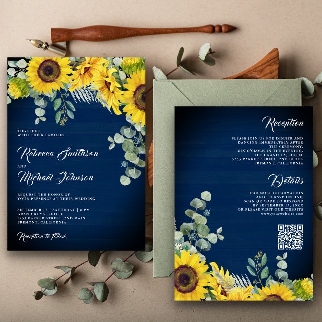 Invitación Boda azul marino código QR eucalipto girasoles (Subido por el creador)
