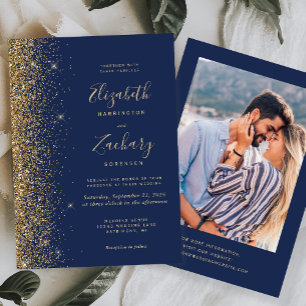 Invitación Boda azul marino con brillo dorado moderno