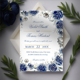 Invitación Boda azul marino con ramo de flores acuáticas