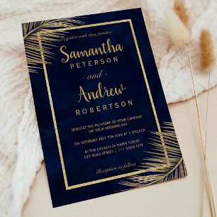Invitación Boda azul marino de la playa de la palmera dorada 