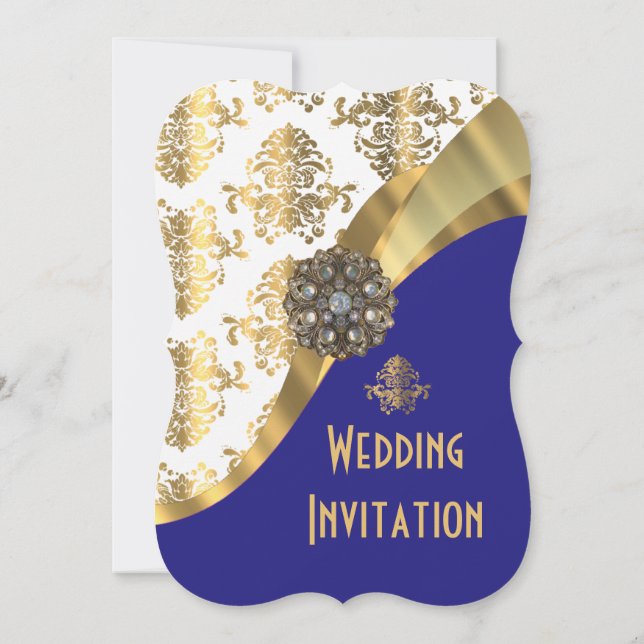 Invitación Boda azul marino de lujo y damasco de oro (Reverso)