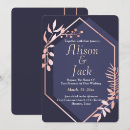 Invitación boda azul marino del marco geométrico de oro Rosa