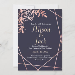 Invitación boda azul marino del marco geométrico de oro Rosa