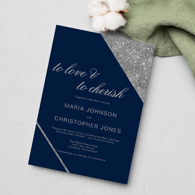 Invitación Boda azul marino del purpurina plateado del guión  (Classic script silver glitter navy blue wedding )