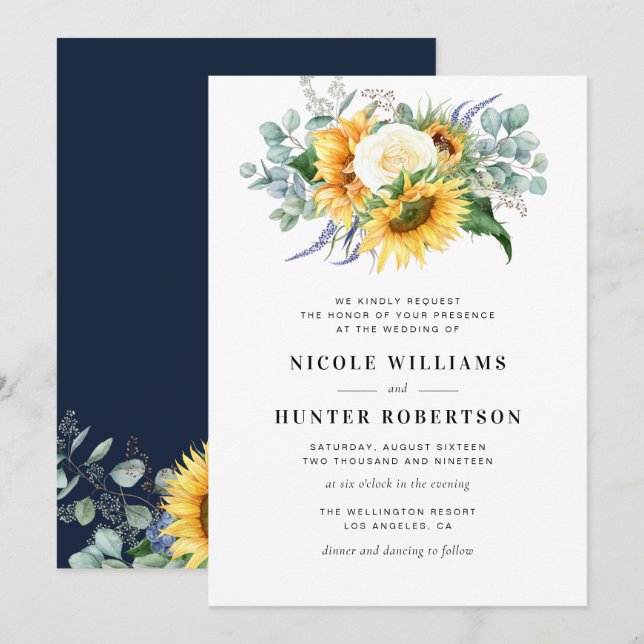 Invitación boda azul marino elegante de girasol eucalipto (Anverso / Reverso)