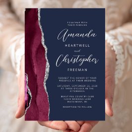 Invitación Boda Azul Marino Escritura Ágata Plateada Borgoña