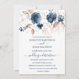 Invitación Boda azul marino floral y dorado