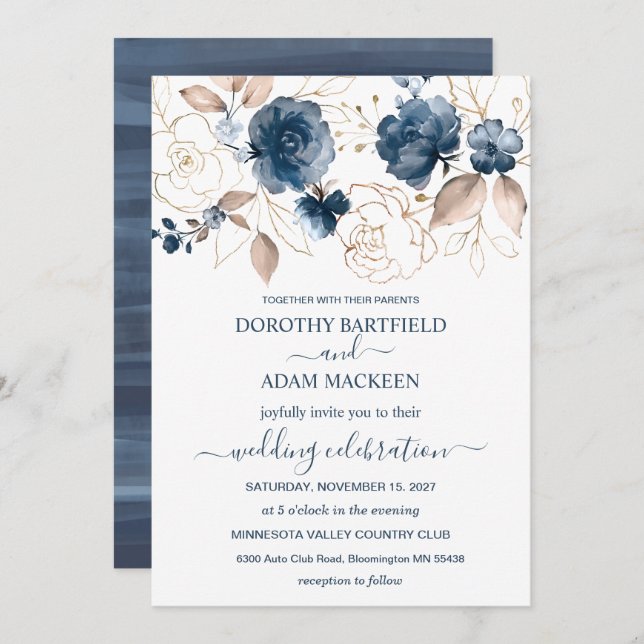 Invitación Boda azul marino floral y dorado (Anverso / Reverso)