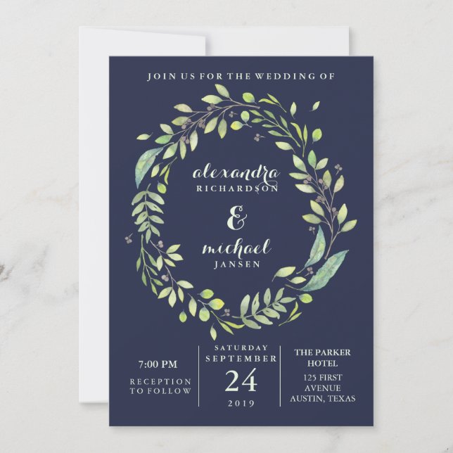 Invitación Boda azul marino frondosa de la guirnalda de la (Anverso)