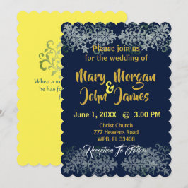 Invitación Boda Azul Marino Oro Plata Amarillo