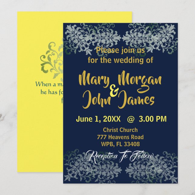 Invitación Boda Azul Marino Oro Plata Amarillo (Anverso / Reverso)