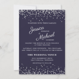 Invitación Boda Azul Marino Plata Brillante Escritura Elegant