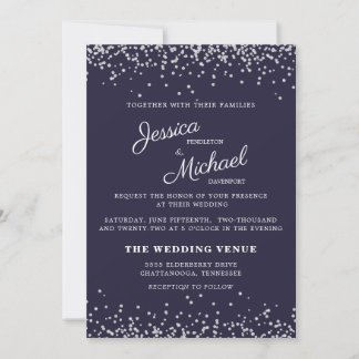 Invitación Boda Azul Marino Plata Brillante Escritura Elegant