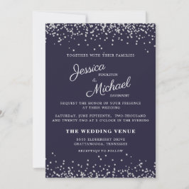 Invitación Boda Azul Marino Plata Brillante Escritura Elegant