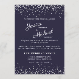 Invitación Boda Azul Marino Plata Brillante Escritura Elegant