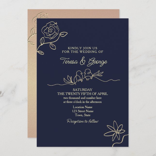 Invitación Boda azul marino simple (Anverso / Reverso)
