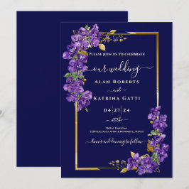 Invitación Boda Azul Marino Violetas Púrpura Marco Dorado