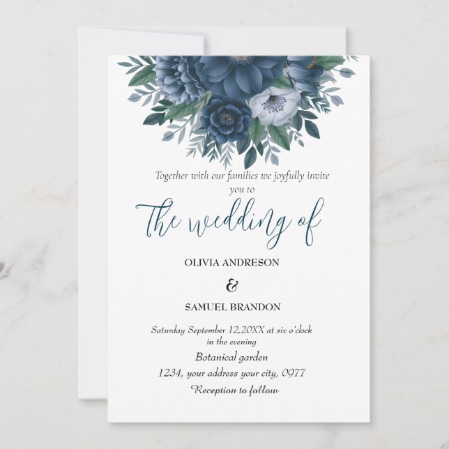 Invitación Boda azul marino y azul claro elegante (Anverso)