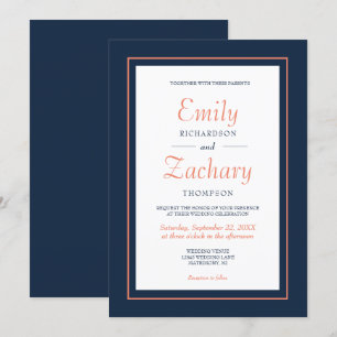 Invitación Boda Azul Marino y Coral Minimalista Moderna