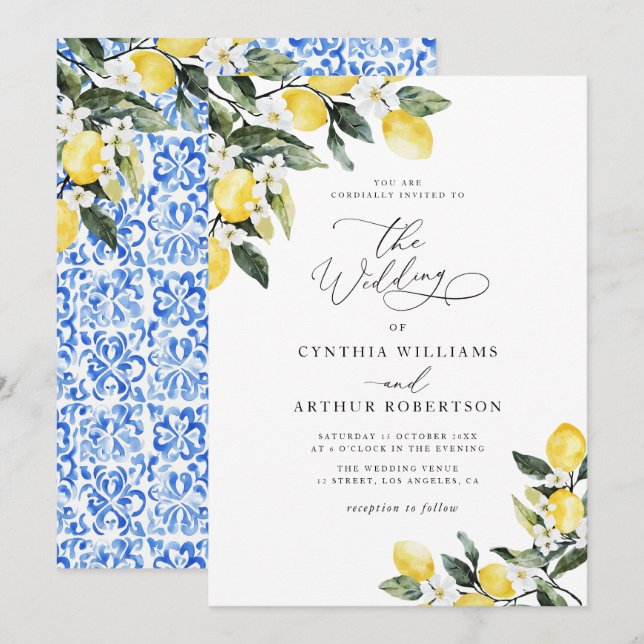 Invitación boda azul mediterráneo de limón acuarela (Anverso / Reverso)