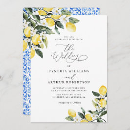 Invitación boda azul mediterráneo de limón acuarela