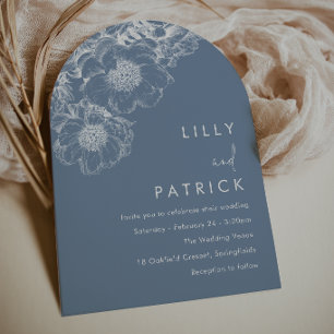 Invitación Boda Azul Moderna Floral Blanca Elegante