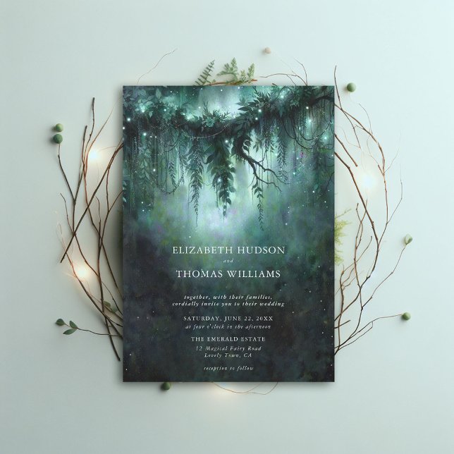 Invitación Boda azul moderno oscuro encantado de Moody Forest (moody forest wedding enchanted fairy tale faerie woodland magical bespoke elegant blue modern)