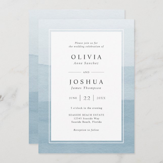 Invitación Boda azul moderno todo en uno (Anverso / Reverso)