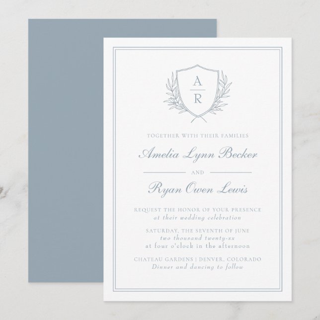 Invitación Boda Azul Monogramada (Anverso / Reverso)