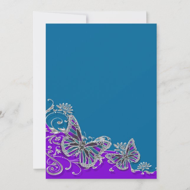 Invitación boda azul morado mariposa floral (Anverso)