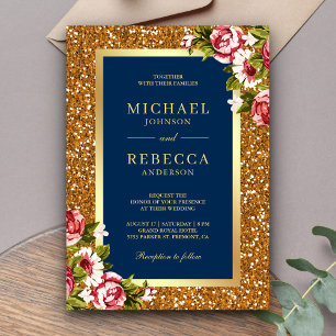 Invitación Boda Azul Naval Floral Rosa Brillo Dorado Falso