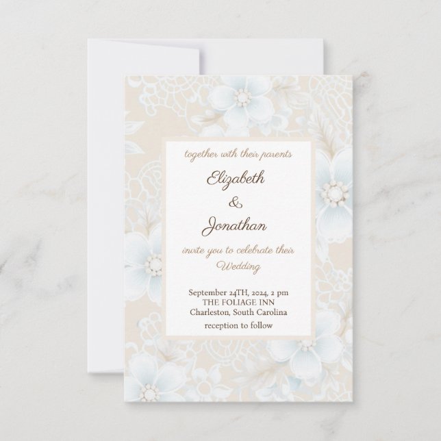 Invitación Boda azul neutro de encaje floral elegante y rústi (Anverso)