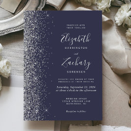 Invitación Boda Azul Oscuro Borde de Purpurina Falsa de Plata