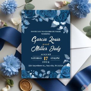 Invitación Boda azul oscuro con rosas azules elegantes