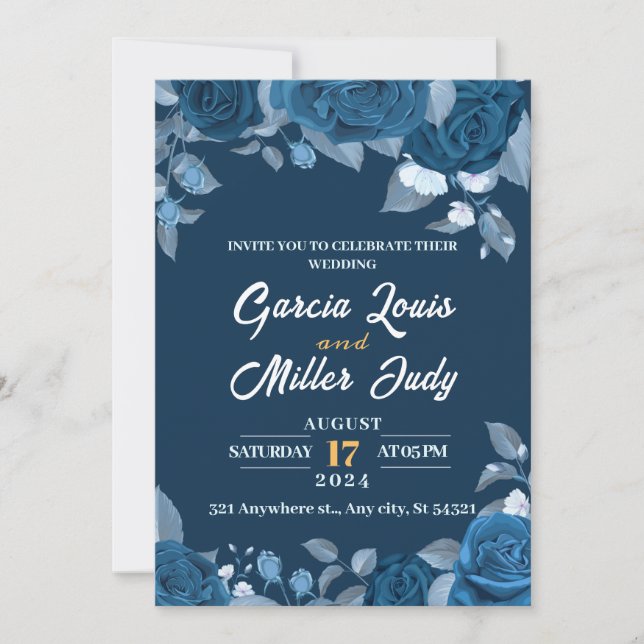 Invitación Boda azul oscuro con rosas azules elegantes (Anverso)