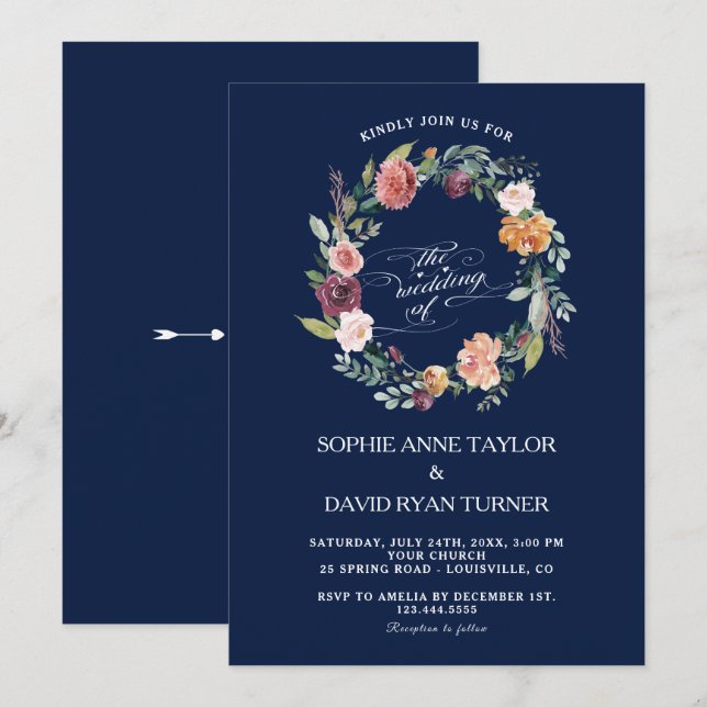 Invitación Boda azul oscuro de la flor rosa borgoñona (Anverso / Reverso)