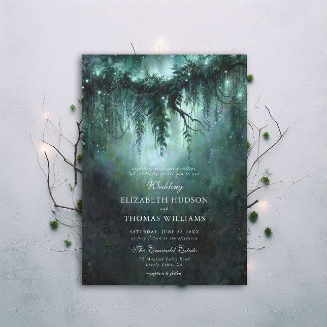 Invitación Boda azul oscuro encantado de la vegetación forest (moody forest wedding enchanted fairy tale faerie woodland magical bespoke elegant blue formal invite)