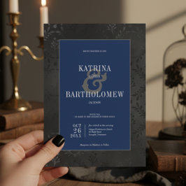 Invitación Boda azul oscuro gótico negro floral satinado Dama