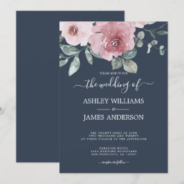 Invitación Boda azul oscuro rosa rosa rosa rosa oscuro con po