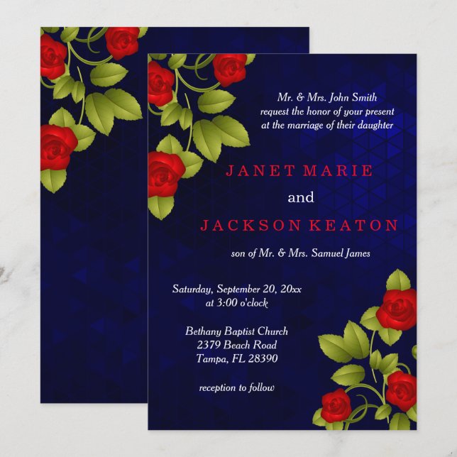Invitación Boda azul oscuro y rosa rojo (Anverso / Reverso)