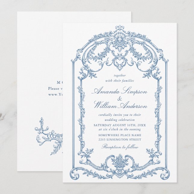 Invitación Boda azul oxidado y floral de Grace (Anverso / Reverso)