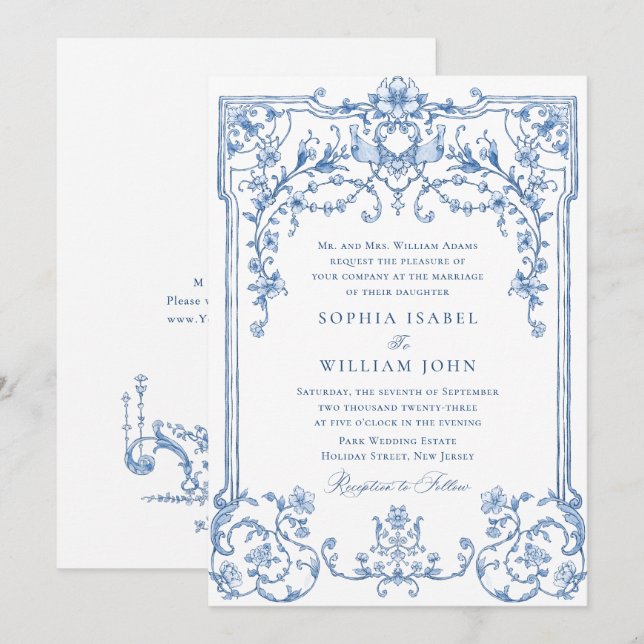 Invitación Boda azul oxidado y floral de Grace (Anverso / Reverso)