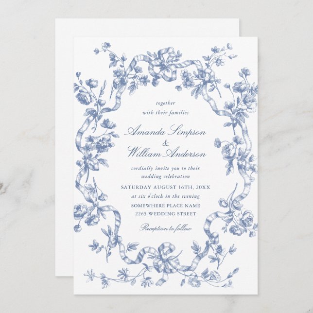 Invitación Boda azul oxidado y floral de Grace (Anverso / Reverso)