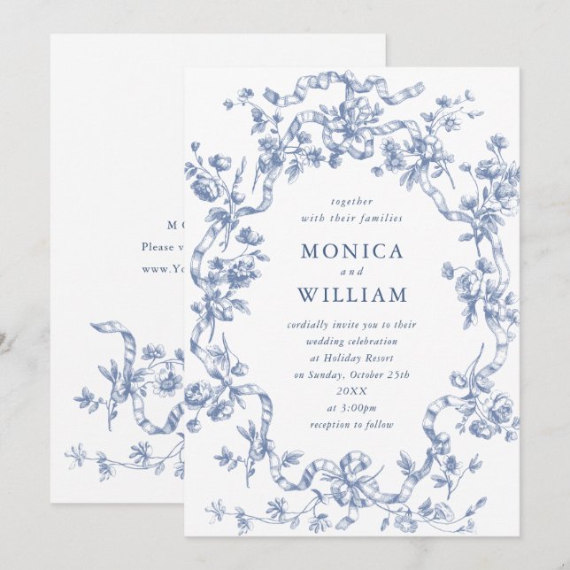 Invitación Boda azul oxidado y floral de Grace (Anverso / Reverso)