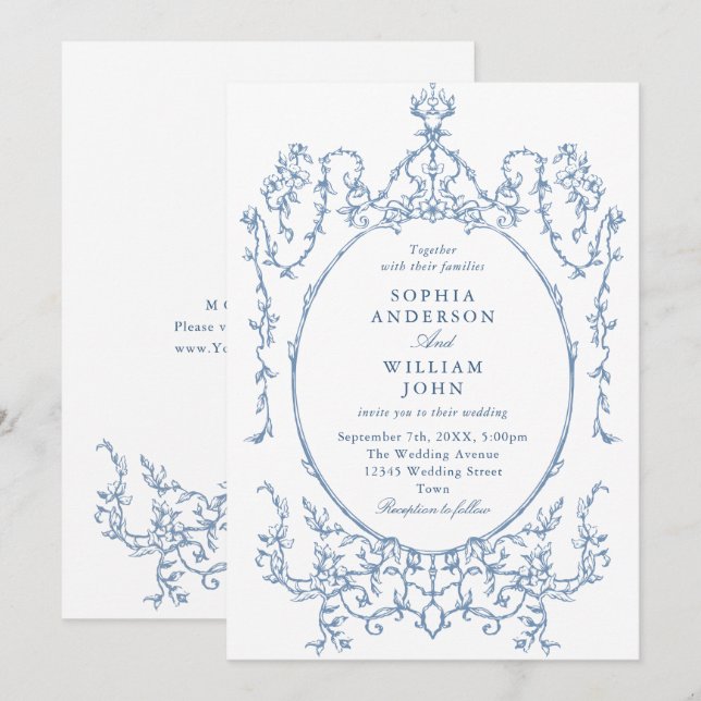 Invitación Boda azul oxidado y floral de Grace (Anverso / Reverso)