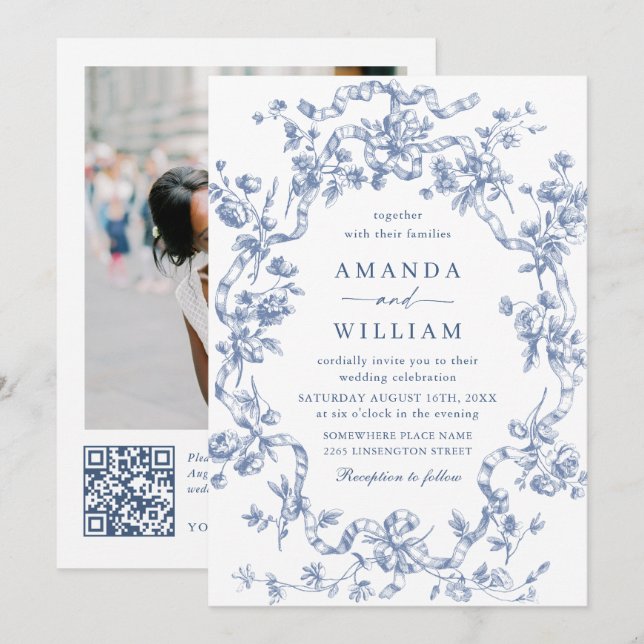 Invitación Boda azul oxidado y floral de Grace (Anverso / Reverso)