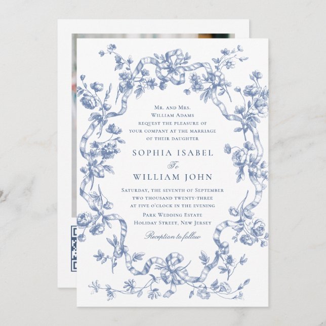 Invitación Boda azul oxidado y floral de Grace (Anverso / Reverso)
